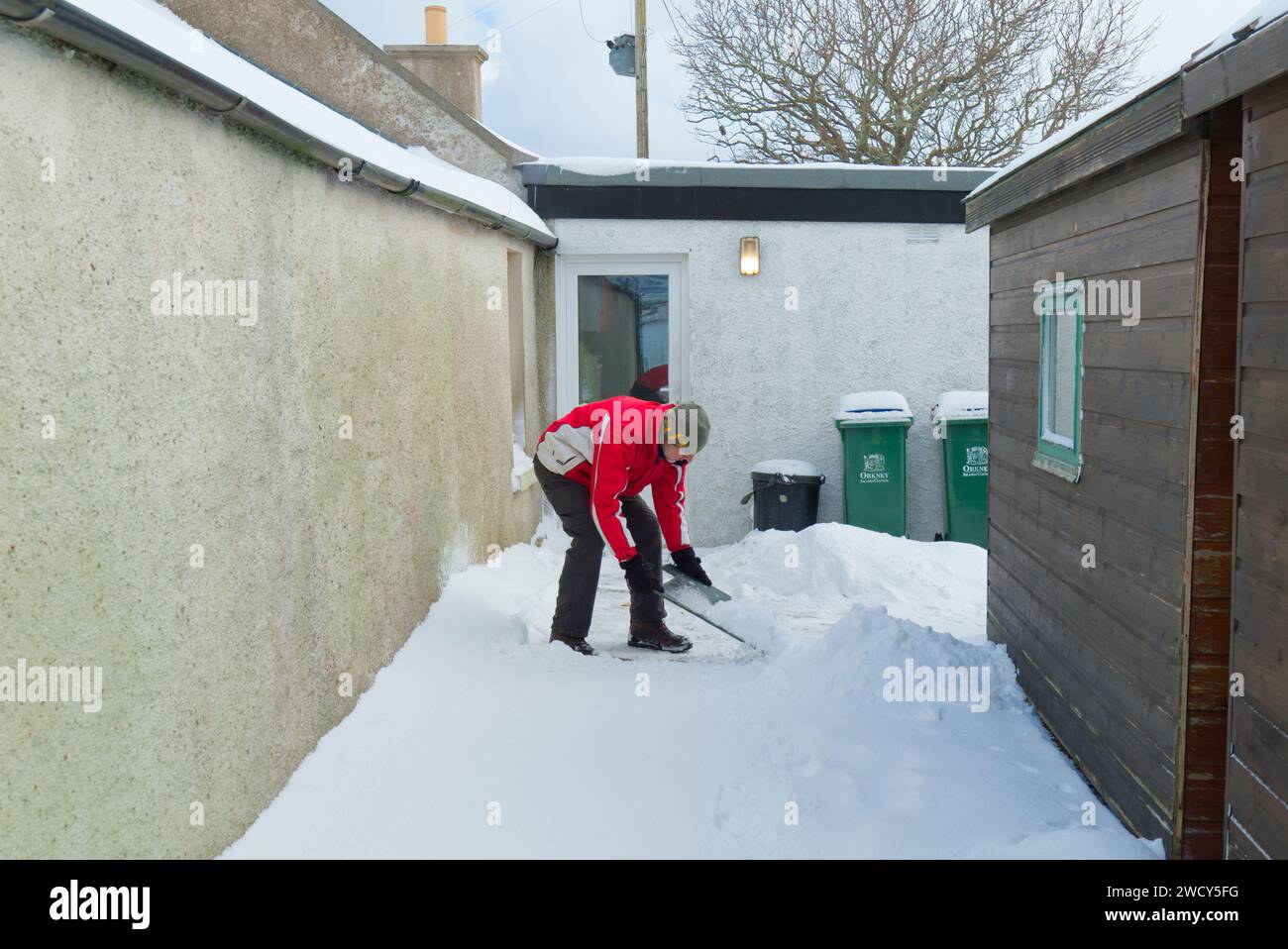 Pulire la neve dal sentiero dietro casa, Orcadi, gennaio 2024 Foto Stock