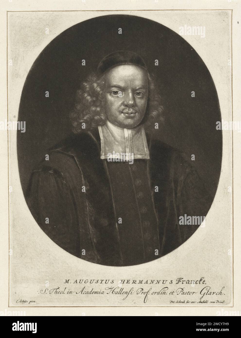 Ritratto del teologo e pedagogo August Hermann Francke, Pieter Schenk (i), dopo Christoph Schütz, 1670 - 1713 stampa Amsterdam cartaceo incisione Foto Stock