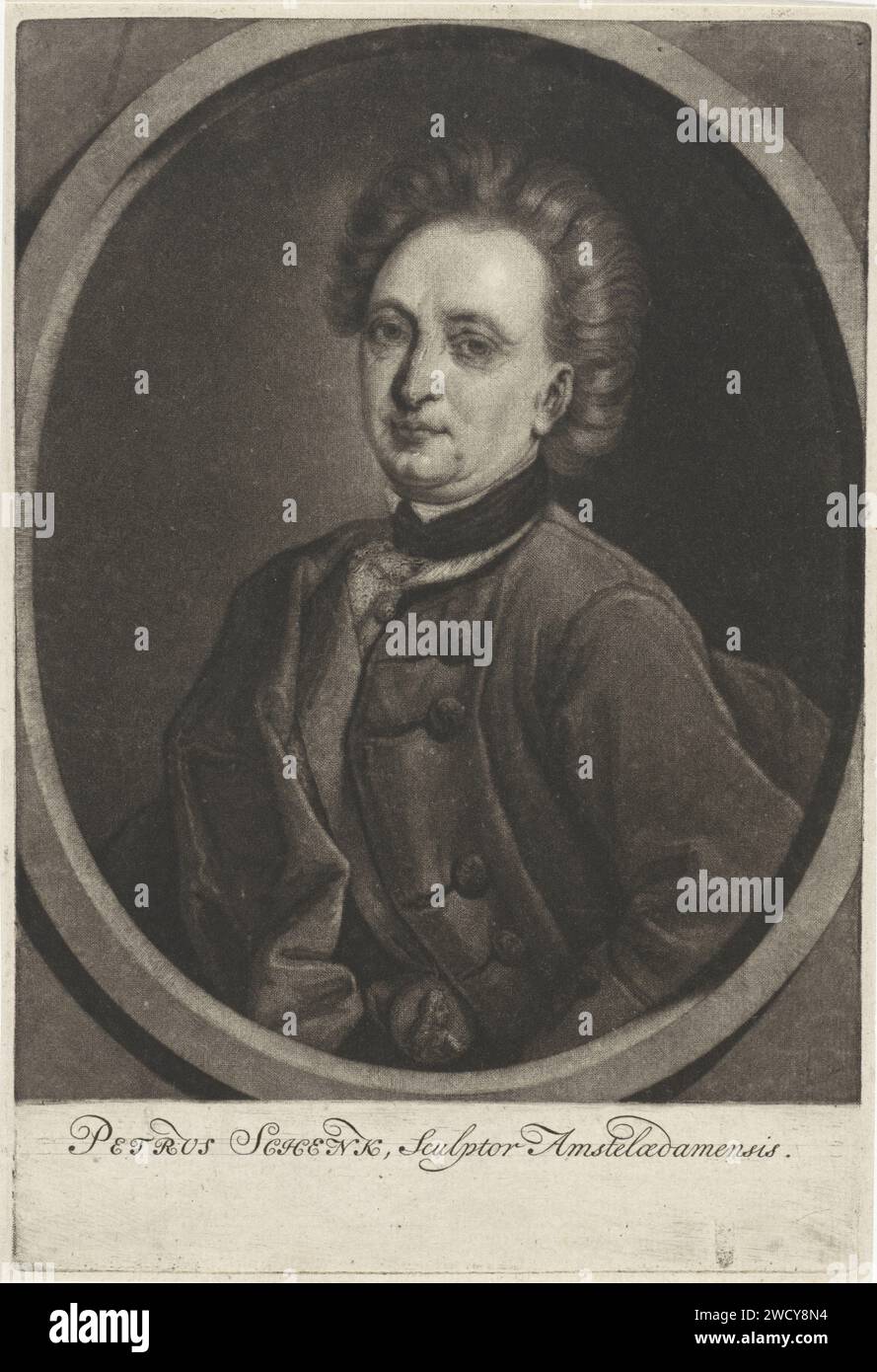 Ritratto di Pieter Schenk, Pieter Schenk (i) (attribuito a), 1680 - 1713 carta stampata incisione ritratto, autoritratto dell'artista Foto Stock