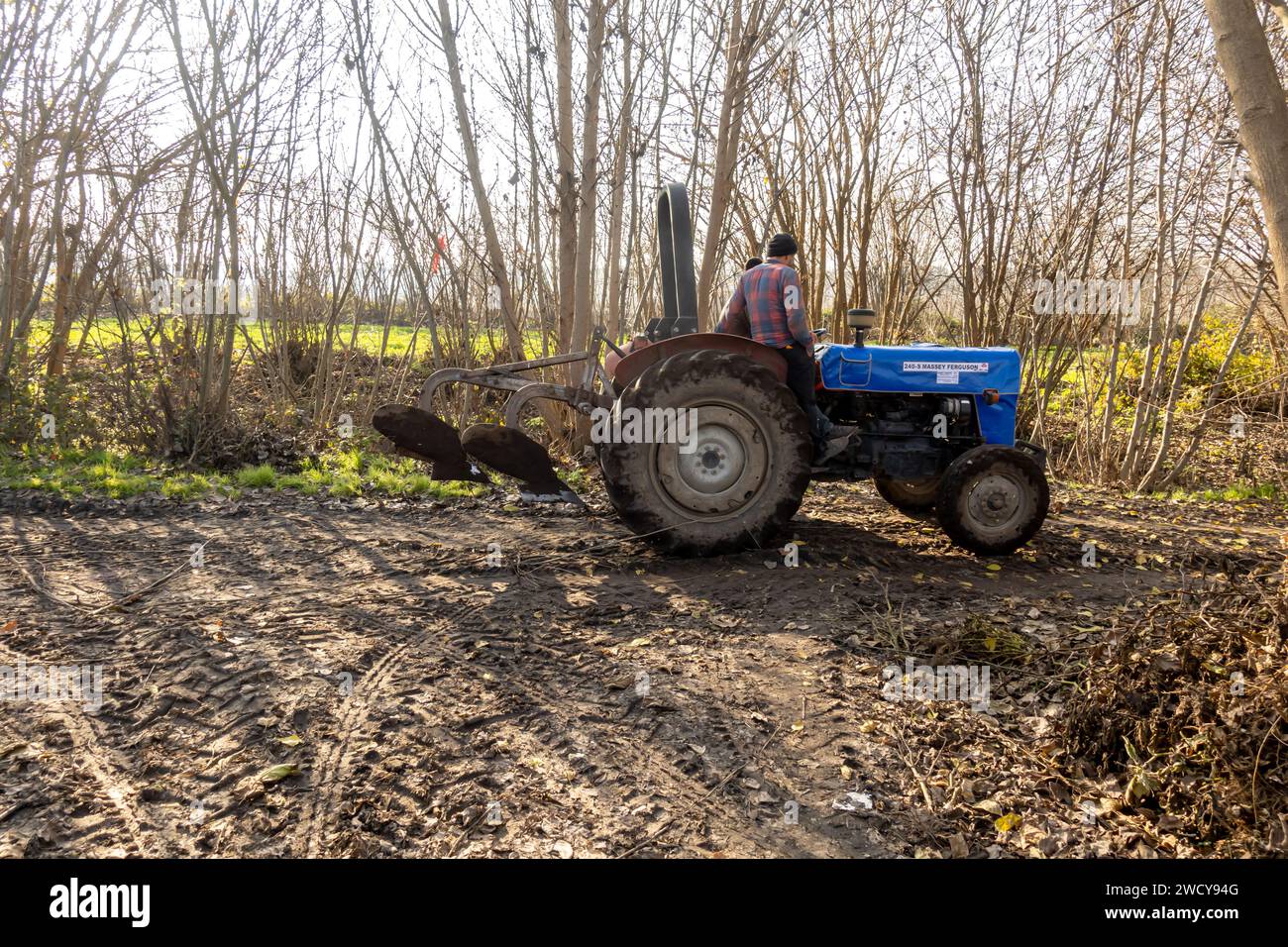 Un trattore che ara l'erba nei giardini Hevsel Hevsel Bahcáeleri . Diyarbakır, Turchia Foto Stock