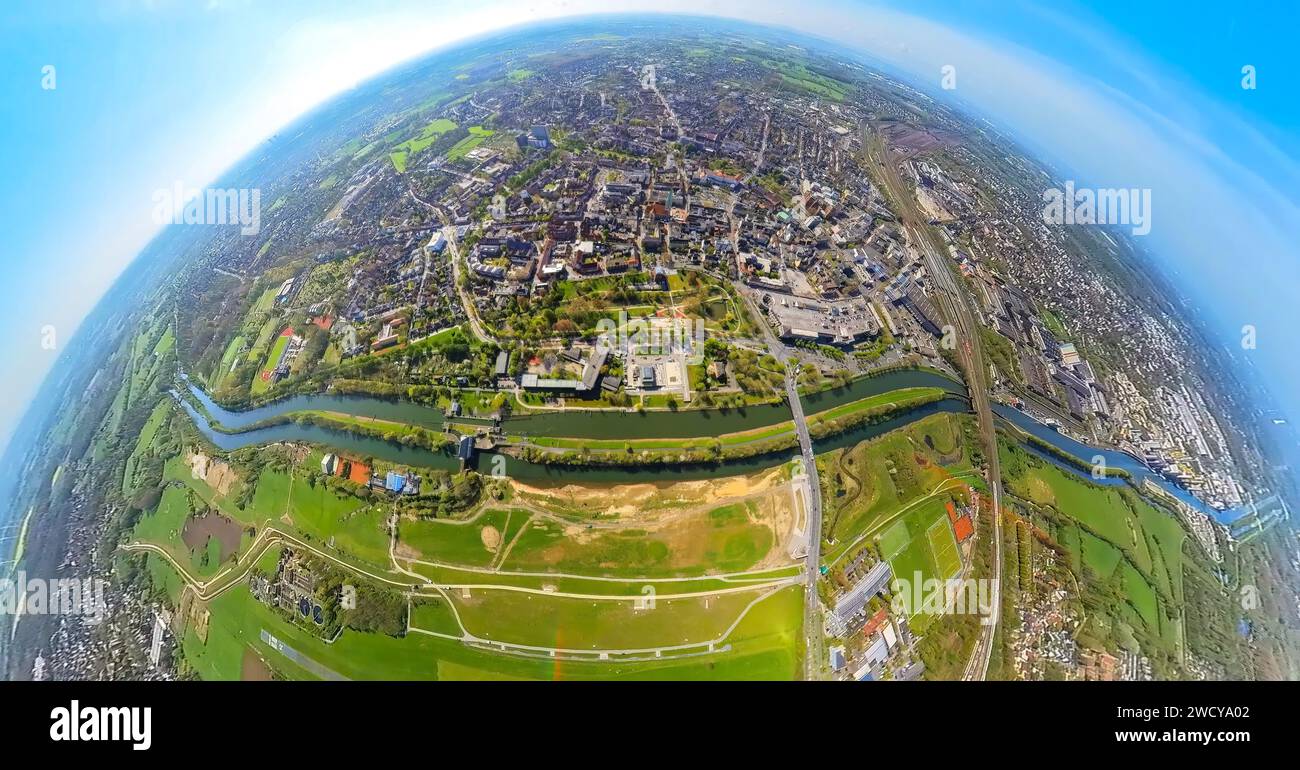 Vista aerea, città, Lippestrand Erlebensraum Neugestaltung, fiume Lippe e canale Datteln-Hamm, globo terrestre, immagine Fisheye, immagine a 360 gradi, centro, H Foto Stock