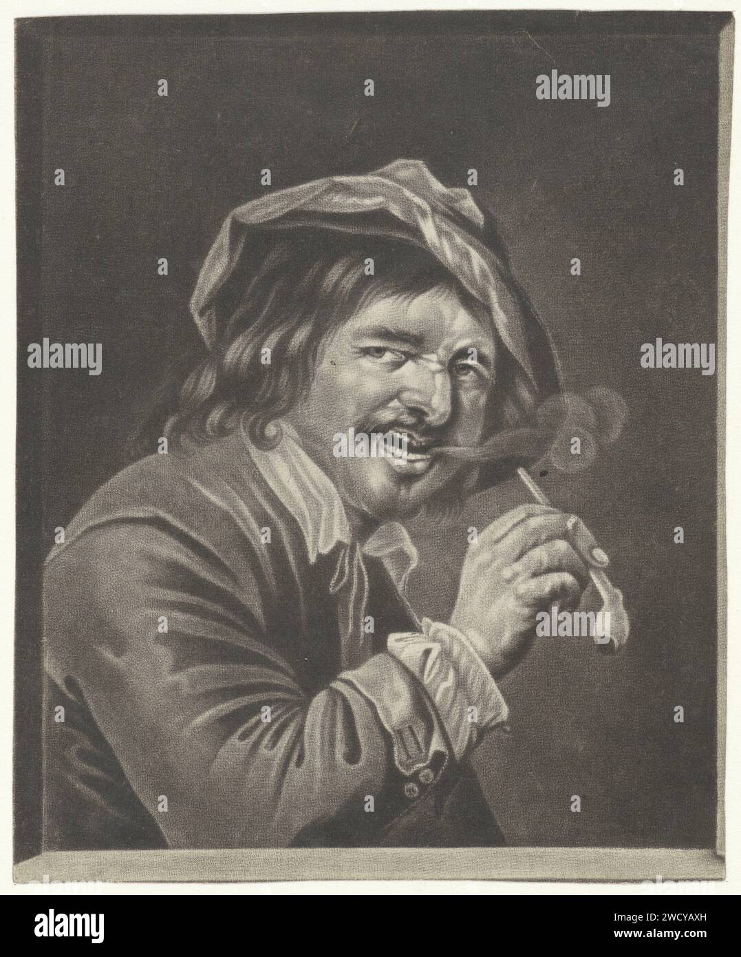 Uomo con una pipa (l'odore), anonimo, dopo Jan Verkolje (i), dopo Petrus Staverenus, 1660 - 1743 stampa l'odore del senso. Un uomo fuma un tubo e fa uscire un anello di fumo. Paper Vertumnus e Pomona. capra Foto Stock