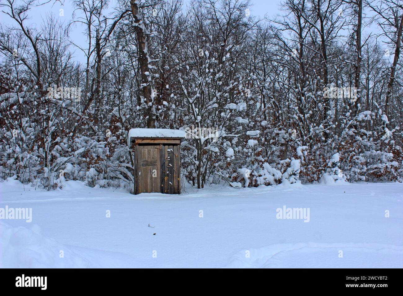 Un vecchio Outhouse sulla neve Foto Stock