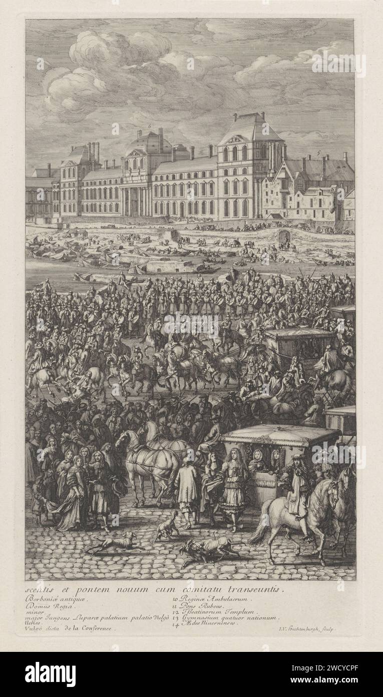 Retro della processione del re Luigi XIV di Francia sul Pont-Neuf, Jan van Huchtenburg, dopo Adam Frans van der Meulen, 1667 - 1669 stampa la parte posteriore della processione reale di Luigi XIV, re di Francia sul Pont-Neuf a Parigi. In primo piano, una carrozza si ferma e la gente guarda i cani da combattimento. Sullo sfondo il fiume Senna. In fondo al margine una parte della leggenda in francese e latino. Incisione/incisione della casa reale di carta parigina; cortigiani, seguito, treno. veicolo a quattro ruote trainato da più di tre animali. ponte. river New Bridge Foto Stock