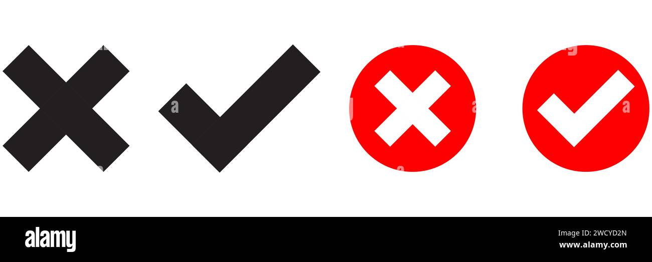 Selezionare segno di spunta e croce in nero e con un cerchio rosso. Positivo o negativo, concetto di icona sì o no. Set di tacche e croci isolati. Design moderno Illustrazione Vettoriale