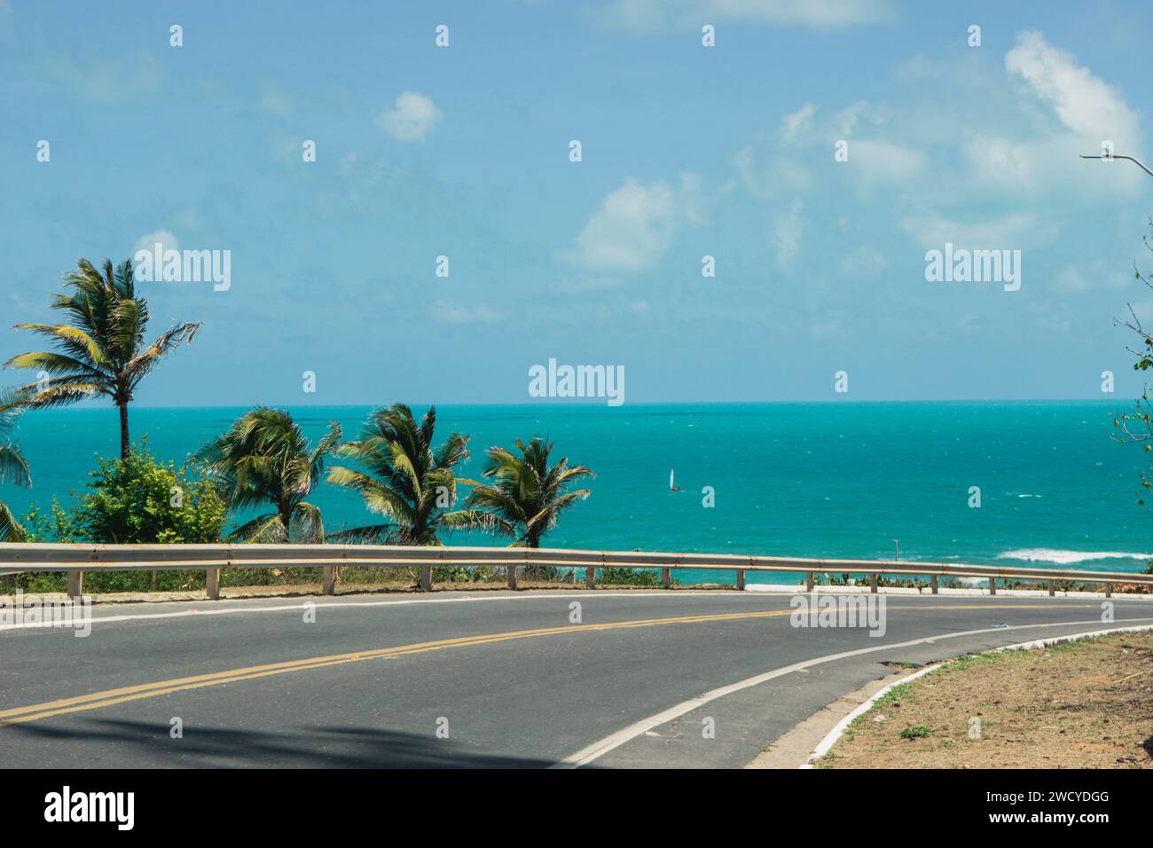 Un paesaggio costiero panoramico con una strada curva che conduce in primo piano Foto Stock