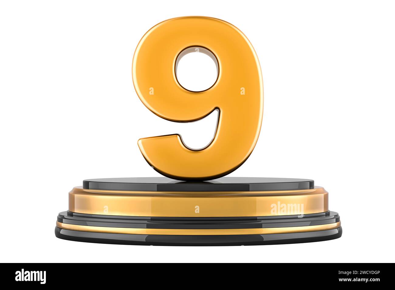 Golden 9 sul podio, premio Concept. Rendering 3D isolato su sfondo bianco Foto Stock