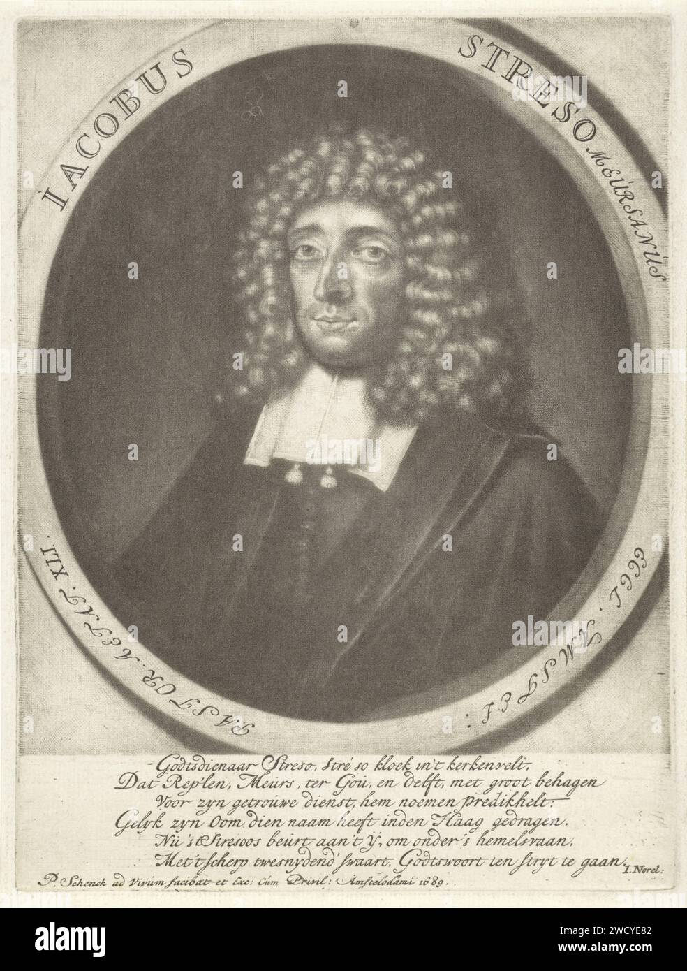 Ritratto del pastore Jacobus Streso, Pieter Schenk (i), 1689 stampa Amsterdam carta incisione parrucca Foto Stock