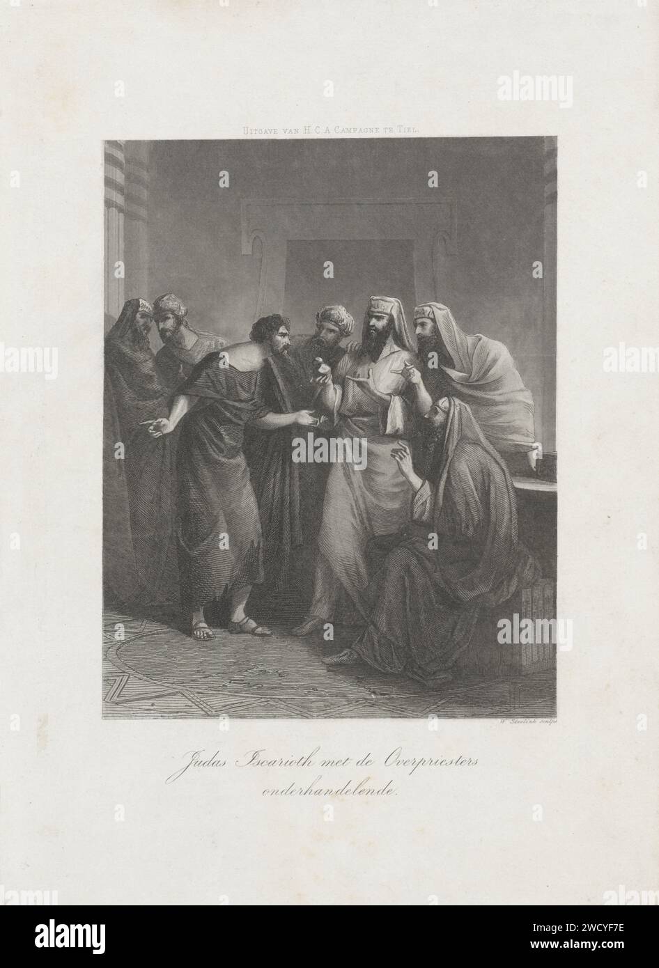 Giuda Iskariota negozia con i sommi sacerdoti, Willem Steelink (i), 1836 - 1907 stampa Giuda Iskariota negozia con i sommi sacerdoti. Uno dei sommi sacerdoti gli offre una borsa con trenta argenti se vuole tradire Cristo. Così la carta incisione/incisione Giuda esce ai sommi sacerdoti, tradisce Cristo e riceve la ricompensa (Matteo 26:14-16; Marco 14:10-11; Luca 22:4-6) Foto Stock