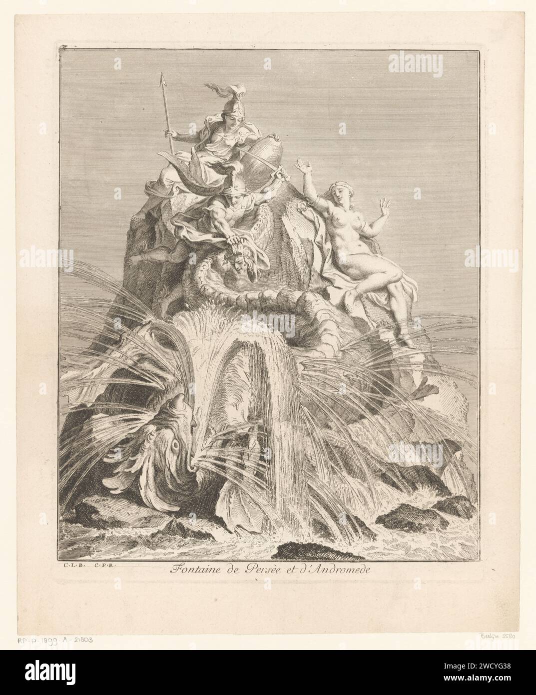 Fontein mette Perseo ad Andromeda, Louis de Châtillon, dopo Charles le Brun, 1672 - 1686 stampa Una fontana con Perseo e Andromeda. Perseo mostra al drago la testa di Medusa. Minerva è dietro di lui. Andromeda è incatenata alla roccia sulla destra. Fontana ornamentale con incisione di carta parigina. Perseo uccide il mostro marino (o lo trasforma in pietra mostrandogli la testa della Gorgone) per liberare Andromeda; a volte i suoi genitori Cefeo e Cassiopea guardano la scena Versailles Foto Stock