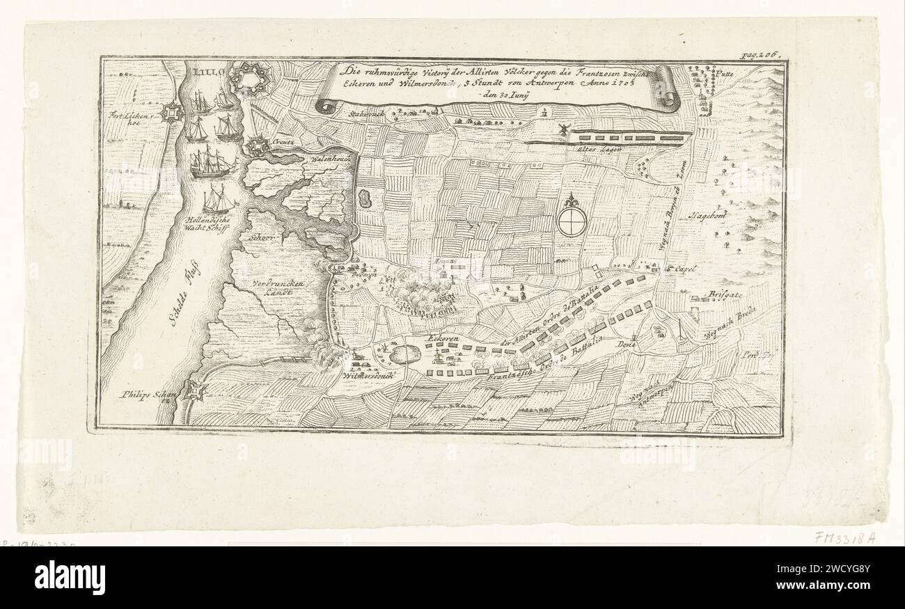 Mappa della battaglia di Ekeren, 1703, Anonimo, 1703 Stampa Mappa della battaglia di Ekeren sulla Schelda tra le truppe olandesi sotto Jacob II van Wassenaer Obdam e i francesi, 30 giugno 1703. contrassegnato in alto a destra: p. 206. Germania (possibilmente) mappe cartacee di incisioni di paesi o regioni separati. Battaglia (+ forze terrestri) Ekeren. Scale Foto Stock