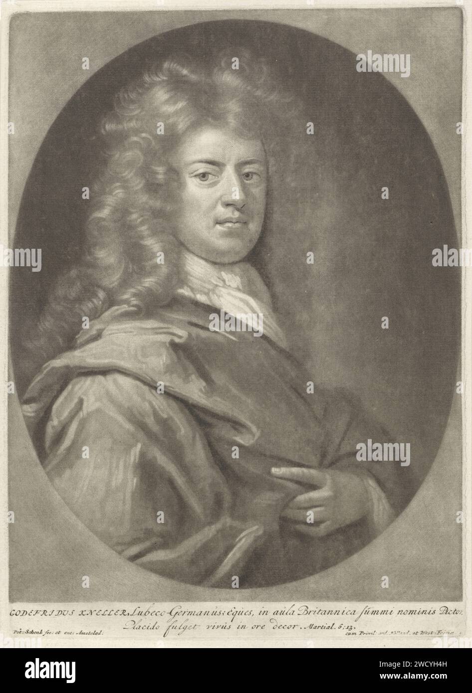 Ritratto del disegnatore e pittore Gottfried Kneller, Pieter Schenk (i), dopo John Smith (Print Maker/ Publisher), 1670 - 1713 stampa Amsterdam carta incisione ritratto, autoritratto del pittore Foto Stock