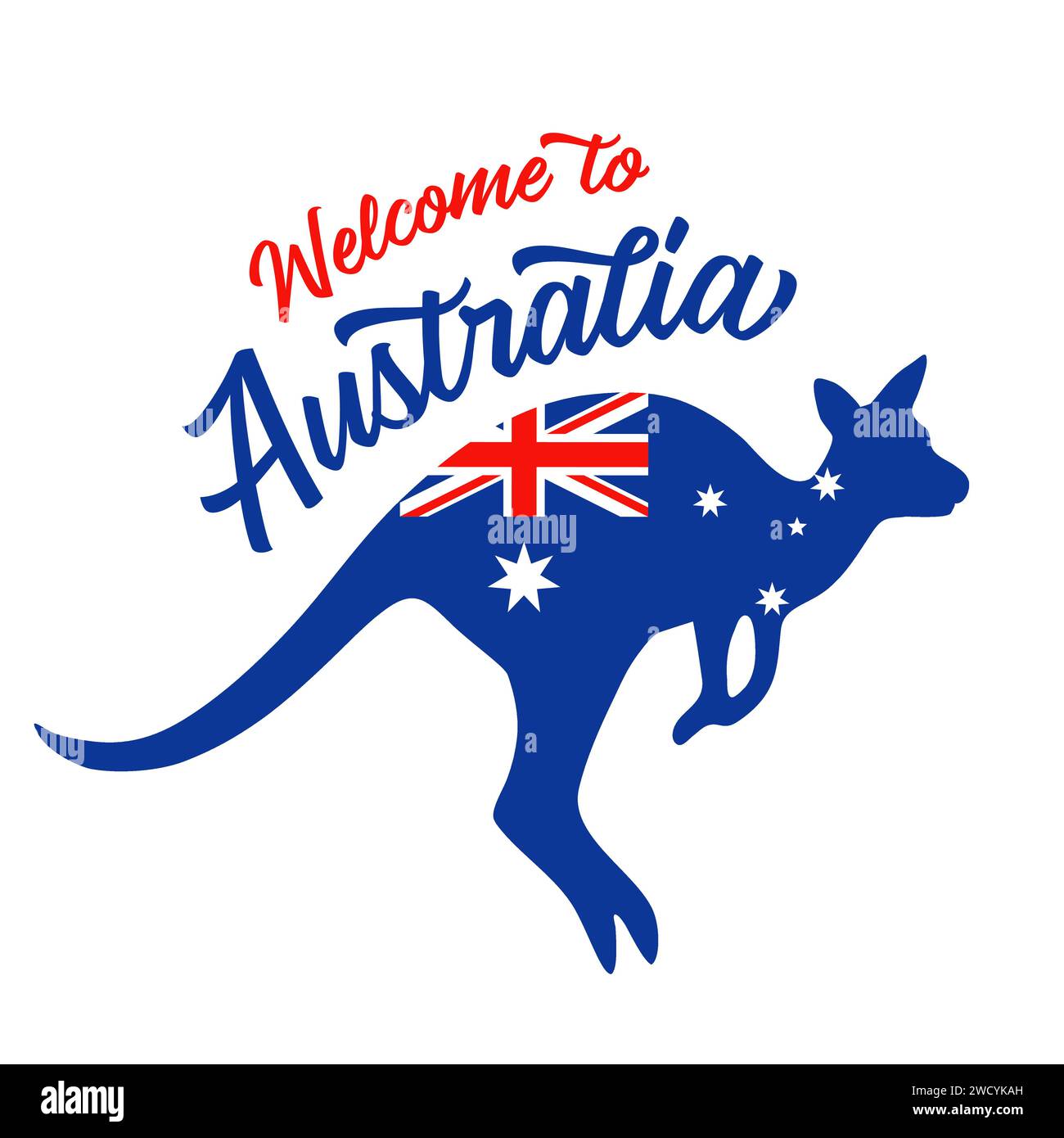 Benvenuto in Australia, canguro con bandiera. Silhouette di canguro che salta con bandiera nazionale e testo. Illustrazione vettoriale Illustrazione Vettoriale