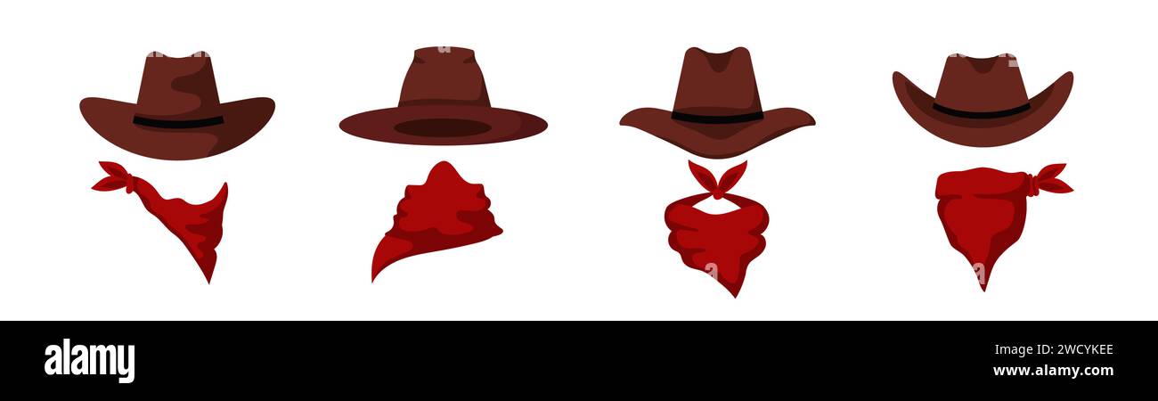 Modello maschere Cowboy. Cappello bandana marrone e rosso del selvaggio West Illustrazione Vettoriale