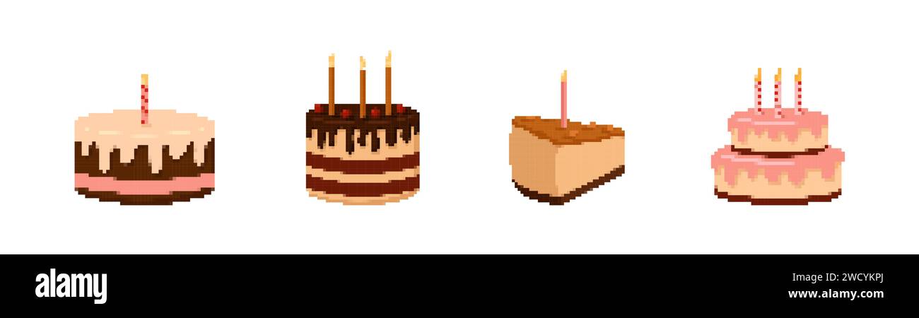 Torte di compleanno pixel con candele impostate Illustrazione Vettoriale