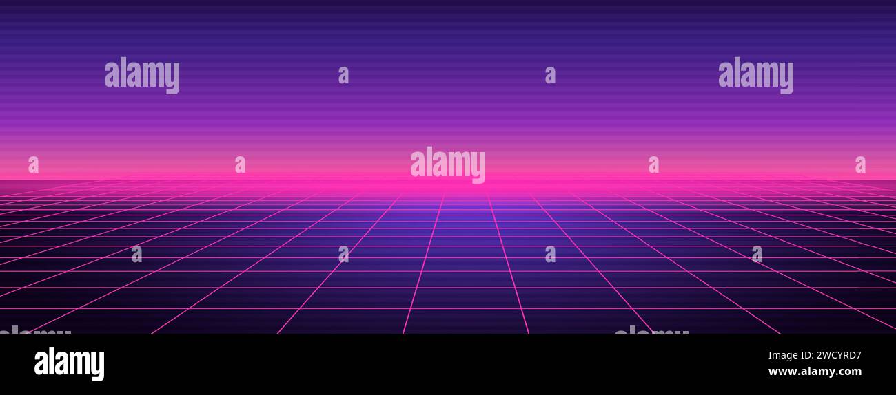 Sfondo luminoso a rete viola Synthwave Illustrazione Vettoriale