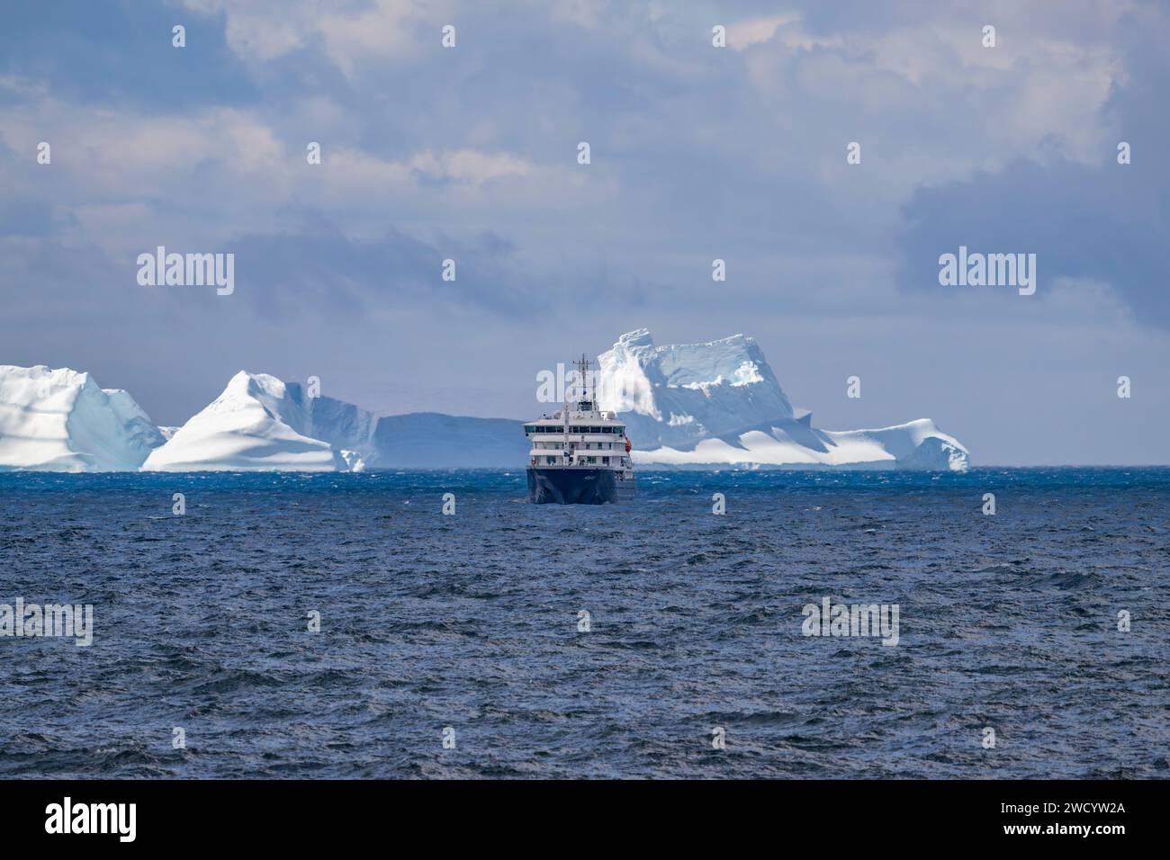 Spedire vicino agli iceberg a St. Andrews Bay, varie forme, grandi blocchi, scolpiti dalle onde durante il viaggio dall'Antartide, numerosi a causa della rottura di Foto Stock