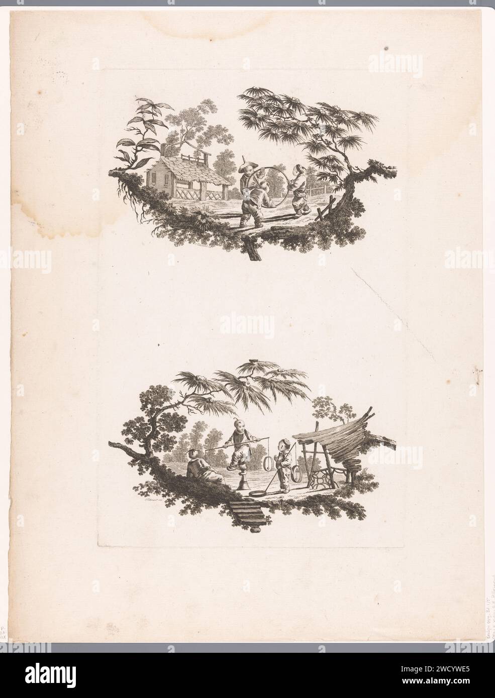 Bambini con canestro e bilanciamento con bastone, Pierre Charles Canot, dopo Jean Baptiste Pillement, stampa del 1759 sopra: Tre bambini cinesi giocano con un canestro. Sotto: Un bambino cinese si bilancia su una pedina con un bastone in mano. Due bambini guardano. Intorno a entrambe le esibizioni una cornice con alberi e cespugli. Editore: Parispublisher: Giornale londinese che incide giochi e giochi per bambini. (bowling a) canestro Foto Stock
