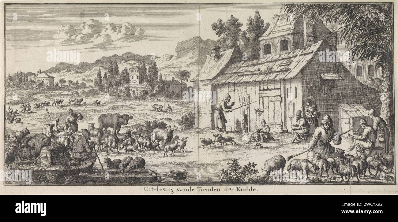 I pastori sono una decima parte della loro mandria, Jan Luyken, 1683 stampa Amsterdam paper etching biblica Laws, Justice and Government  Jewish Religion Foto Stock