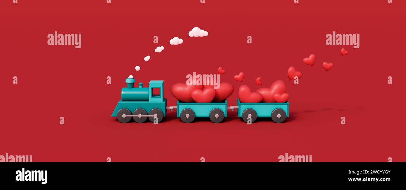 Giocattolo blu e vagoni pieni di cuori rossi. Concetto di San Valentino su sfondo rosso rappresentazione 3d illustrazione 3D. Foto Stock