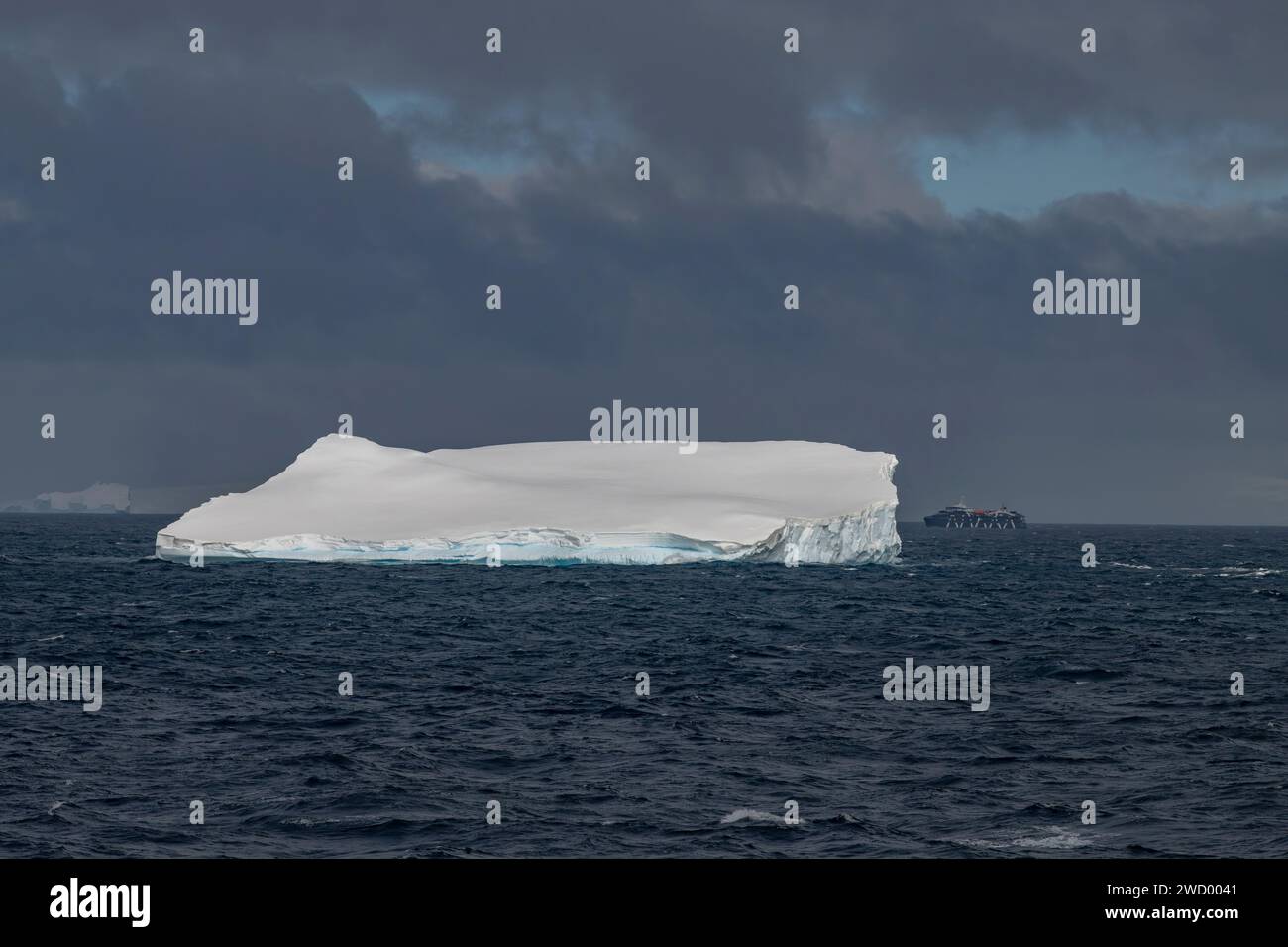 Nave vicino agli iceberg Brialmont Cove, Antartide, penisola antartica, numerosi iceberg a causa della rottura della piattaforma di ghiaccio antartica, A-81 Foto Stock