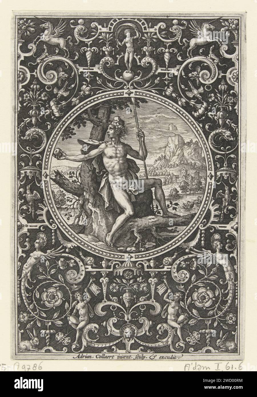 Medaglione in cui Parigi, seduto contro un albero, Adriaen Collaert, 1570 - 1618 stampa Paris tiene il bastone del pastore in una mano e la mela nell'altra. Nella cornice è presente un unicorno in alto a sinistra e in alto a destra. Sfondo ombreggiato. Parte di una serie di 6 riviste con medaglioni in una cornice di grotesken con fiori, ghirlande, animali e mascaron. Olanda (forse) incisione su carta (storia di) Parigi (Alexander). unicorn Foto Stock
