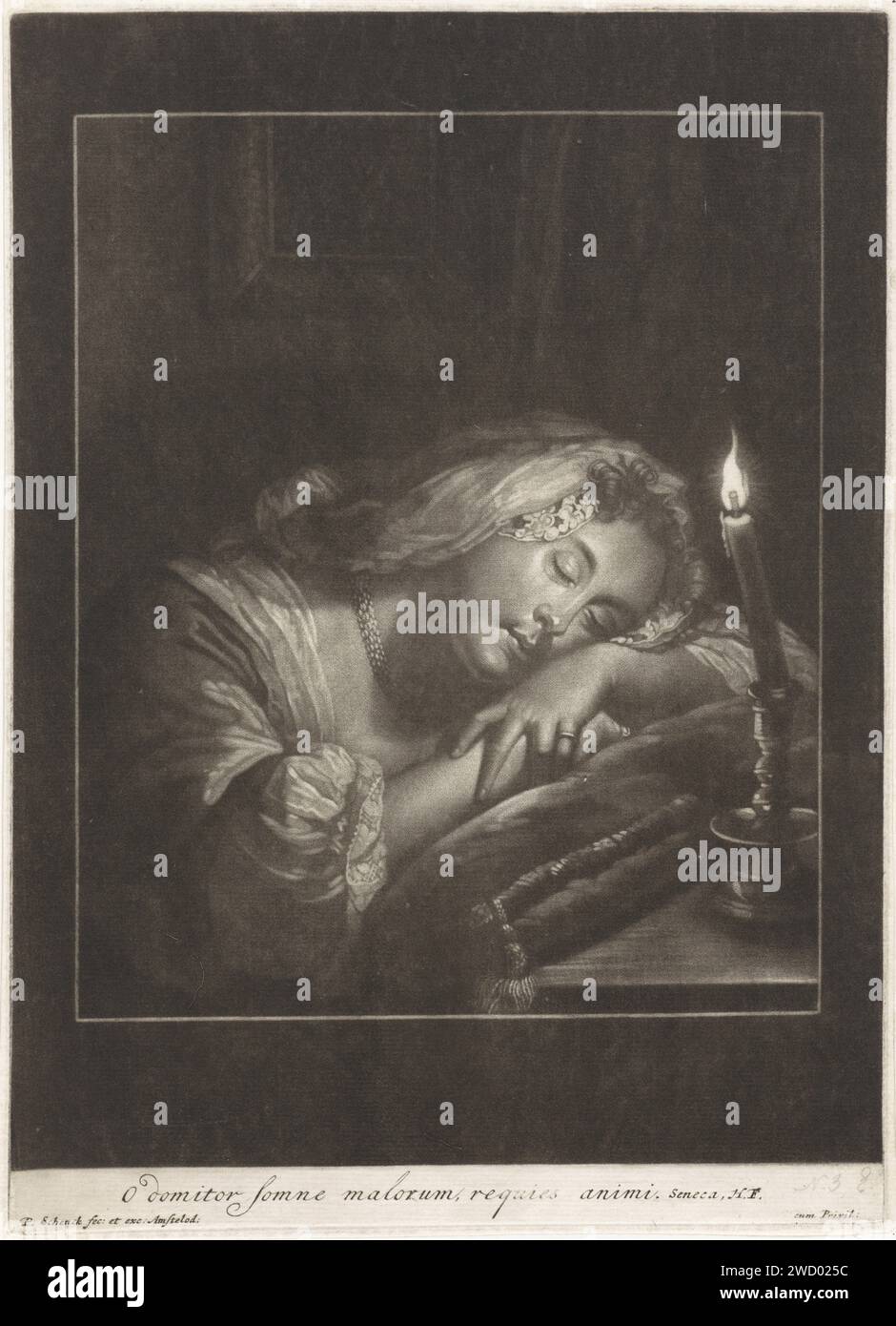 Ragazza addormentata a Candlicht, Pieter Schenk (i), dopo Godfried Schalcken, 1670 - 1713 stampa Amsterdam carta incisione dormire; incoscienza. candela Foto Stock