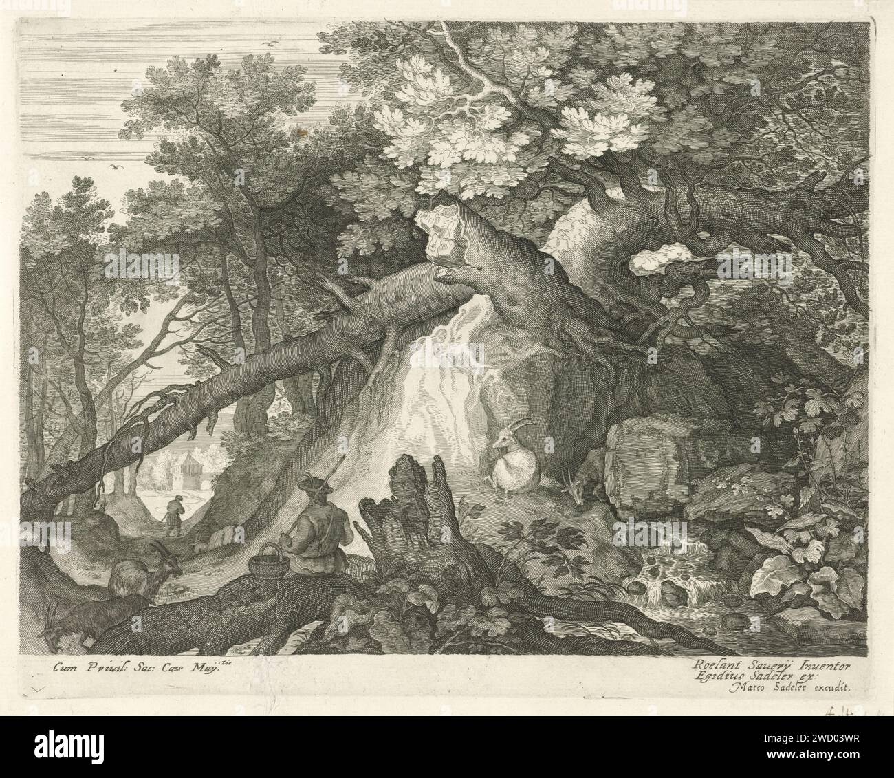 Uomo e quattro capre in una cascata, Aegidio Sadeler (II), dopo Roelant Savery, 1624 - 1650 ca. Stampa paesaggio forestale con albero caduto e cascata. In primo piano un uomo seduto e quattro capre. La prima stampa di una serie di sei parti con paesaggi. Tipografia: Praagpublisher: Praagpublisher: Venice paper etching / incisione Forest, Wood. cascata (+ paesaggio con figure, personale). guida del bestiame, autista del bestiame Foto Stock