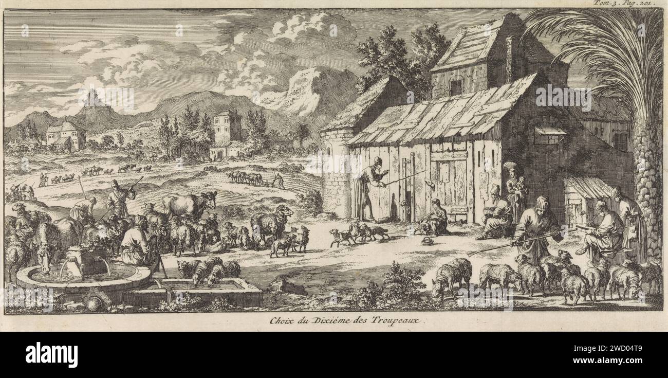 I pastori sono una decima parte della loro mandria, Jan Luyken, 1705 stampa Amsterdam paper etching biblica Laws, Justice and Government  Jewish Religion Foto Stock