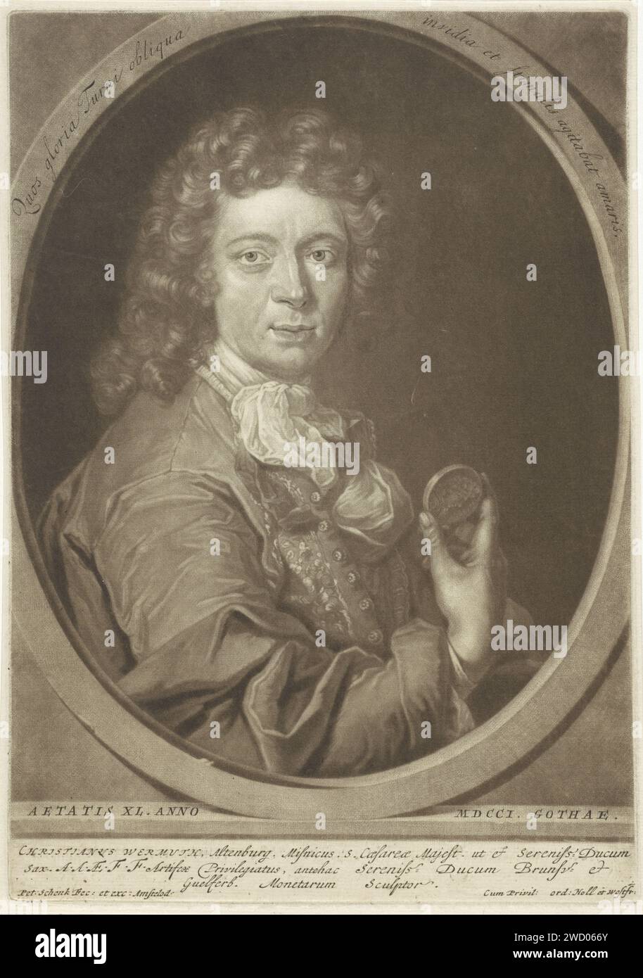 PortraT van Christian Wermuth, Pieter Schenk (i), 1701 stampa il medailleur Christian Wermuth con una medaglia in mano. Incisione su carta di Amsterdam durante, Trinket, "Charm" Foto Stock