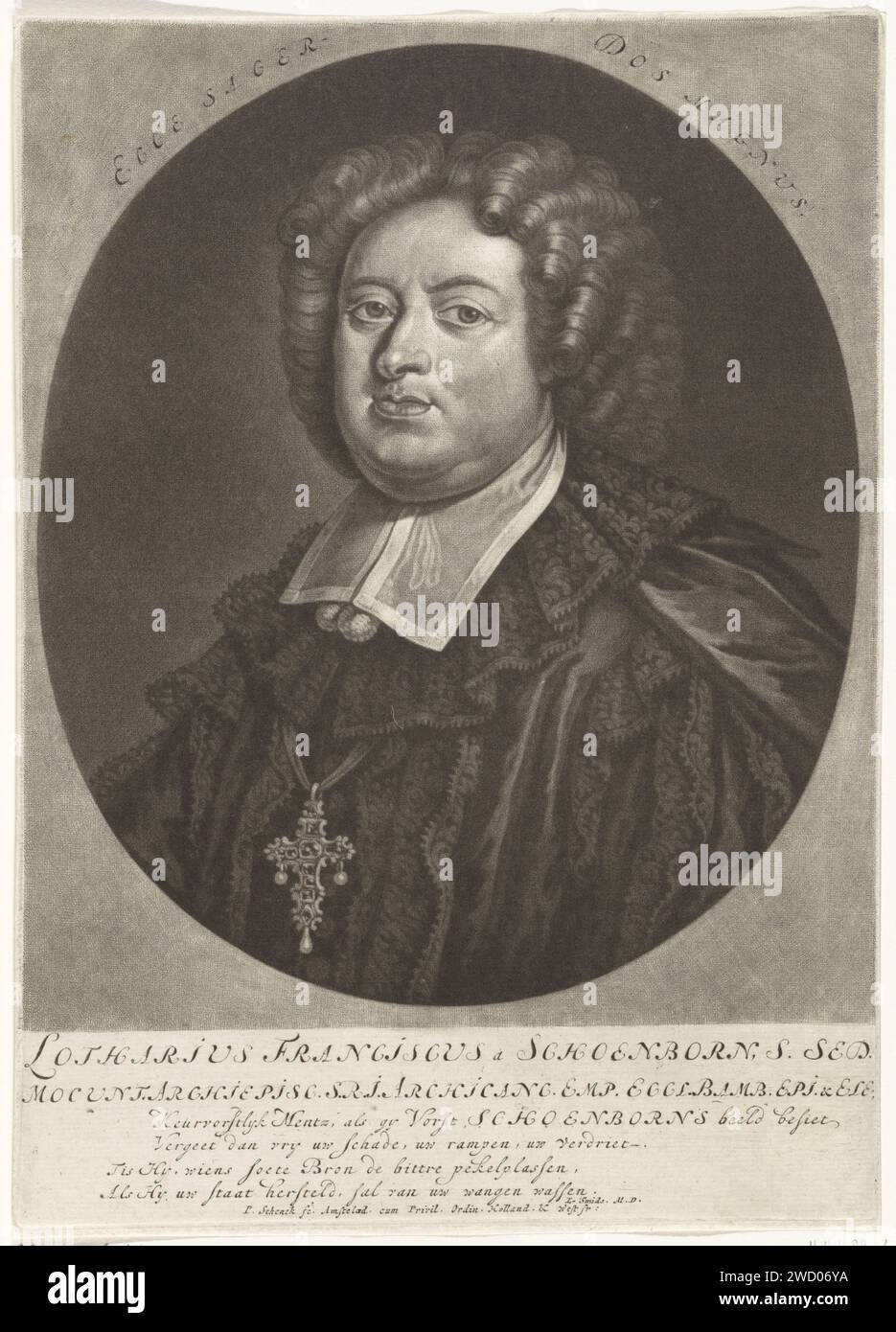 Ritratto di Lotario Francesco, conte di Schönborn, elettore e arcivescovo di Magonza, Pieter Schenk (i), 1670 - 1713 stampa di Amsterdam carta che incide la croce  simboli di Cristo Foto Stock