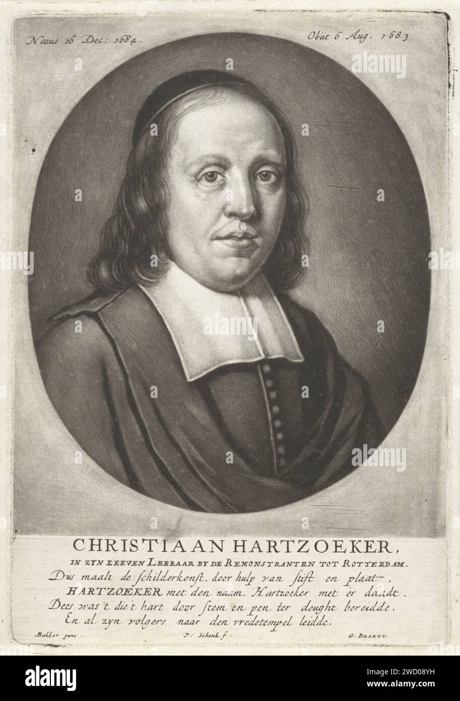 Ritratto del pastore dimostrante Christiaan Hartsoecker, Pieter Schenk (i), dopo Adriaen Backer, 1683 - 1713 stampa Amsterdam incisione su carta Foto Stock