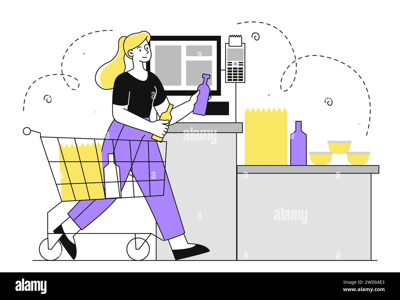 Concetto lineare vettoriale di checkout self-service Illustrazione Vettoriale