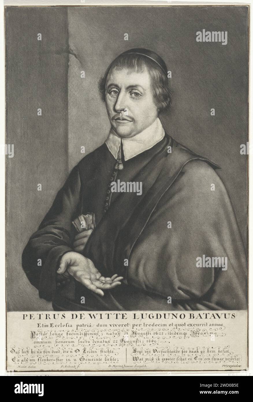 Ritratto di Pieter de Witte, Pieter Schenk (i), dopo Frans van Mieris, 1670 - 1713 stampa il pastore di Leida Pieter de Witte. Penna di carta Amsterdam Foto Stock