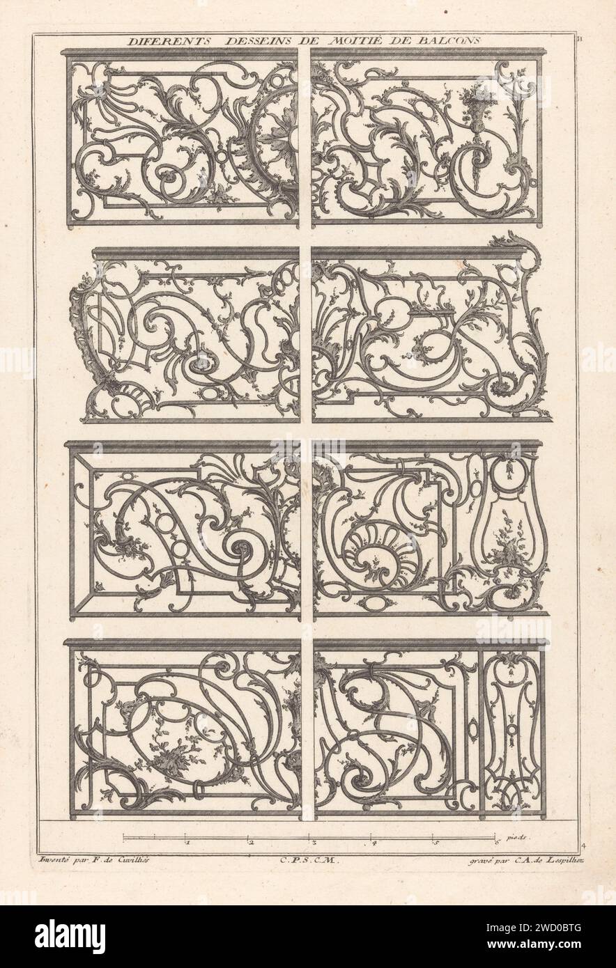 Balkonhekken, Carl Albert von Lespilliez, dopo Francesco di Civillés (Sr.), 1745 stampa otto porte di balconi in ferro battuto ornato. Incisione/incisione della carta in Germania (processo industriale). balcone Foto Stock