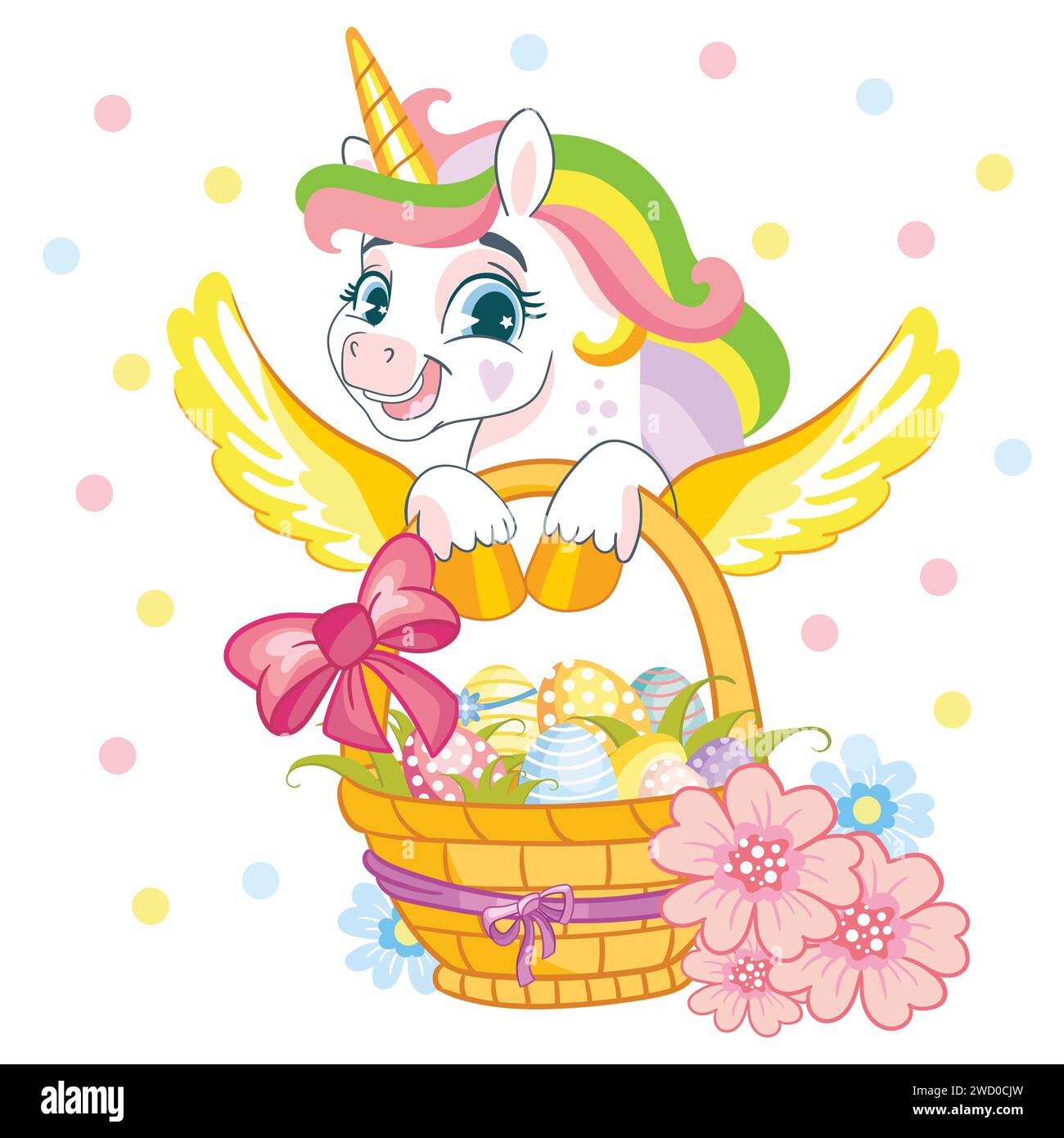 Simpatico unicorno cartoni animati con criniera arcobaleno e coda isolata su sfondo bianco. Carattere unicorno. Illustrazione vettoriale dei colori Illustrazione Vettoriale