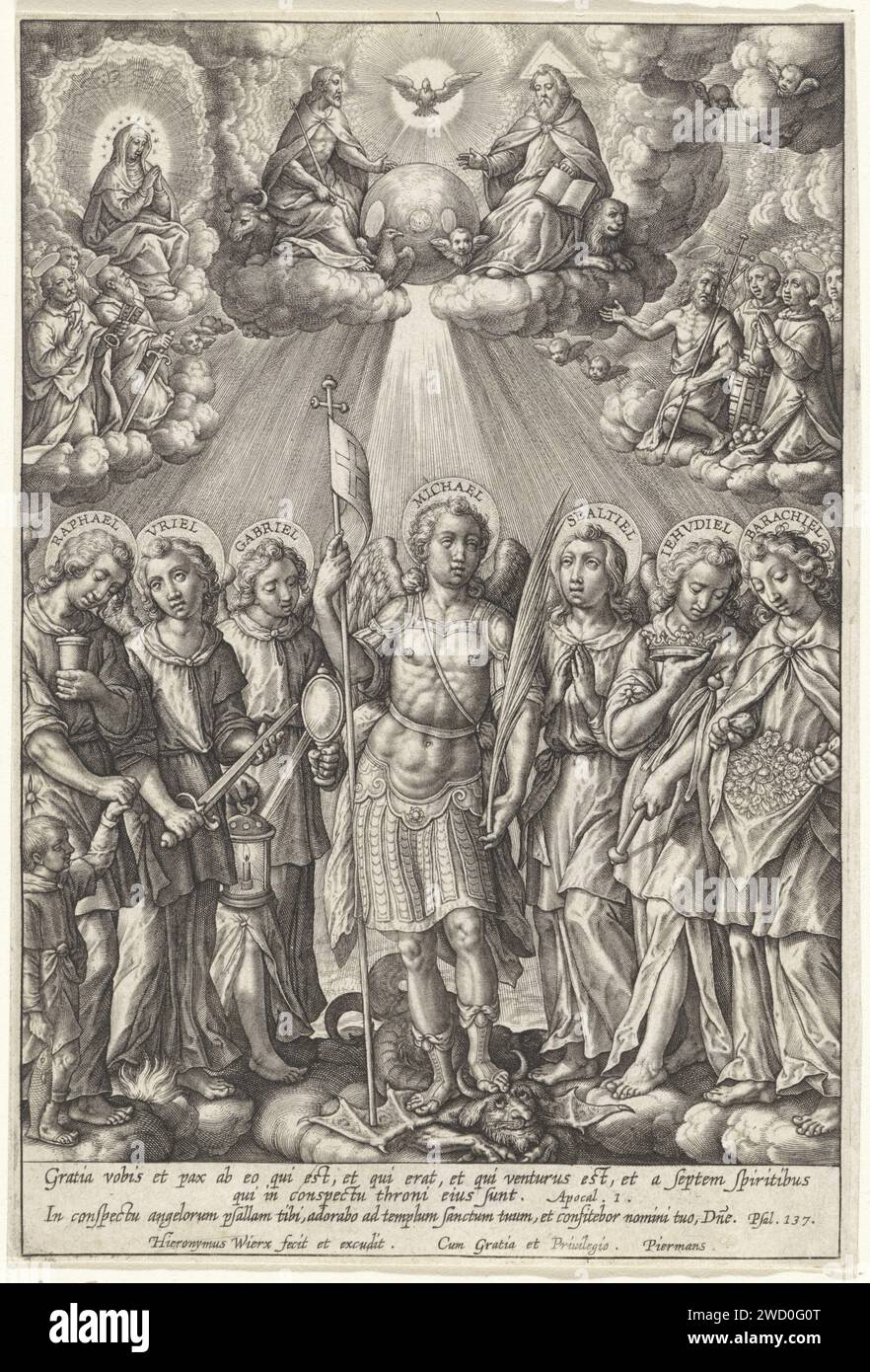 Sette Aartsengelen, Hieronymus Wierix, 1563 - prima del 1619 stampare i sette arcangeli, da sinistra a destra: Rafaël, Uriel, Gabriel, Michaël, Sealtiël, Jehudiel e Barachiël. Sopra di loro in cielo la trinità, con i simboli dei quattro evangelisti. Diversi santi su entrambi i lati, tra cui Maria, Pietro e Paolo e Giovanni Battista, Stefanus. Due citazioni bibliche a margine. 1 e ps. 137 in latino. Carta di Anversa che incide i sette Arcangeli. La Santissima Trinità, 'Trinitas coelestis'; padre, figlio e Spirito Santo  religione cristiana. i quattro simboli degli evangelisti, "le bestie apocalittiche". Foto Stock