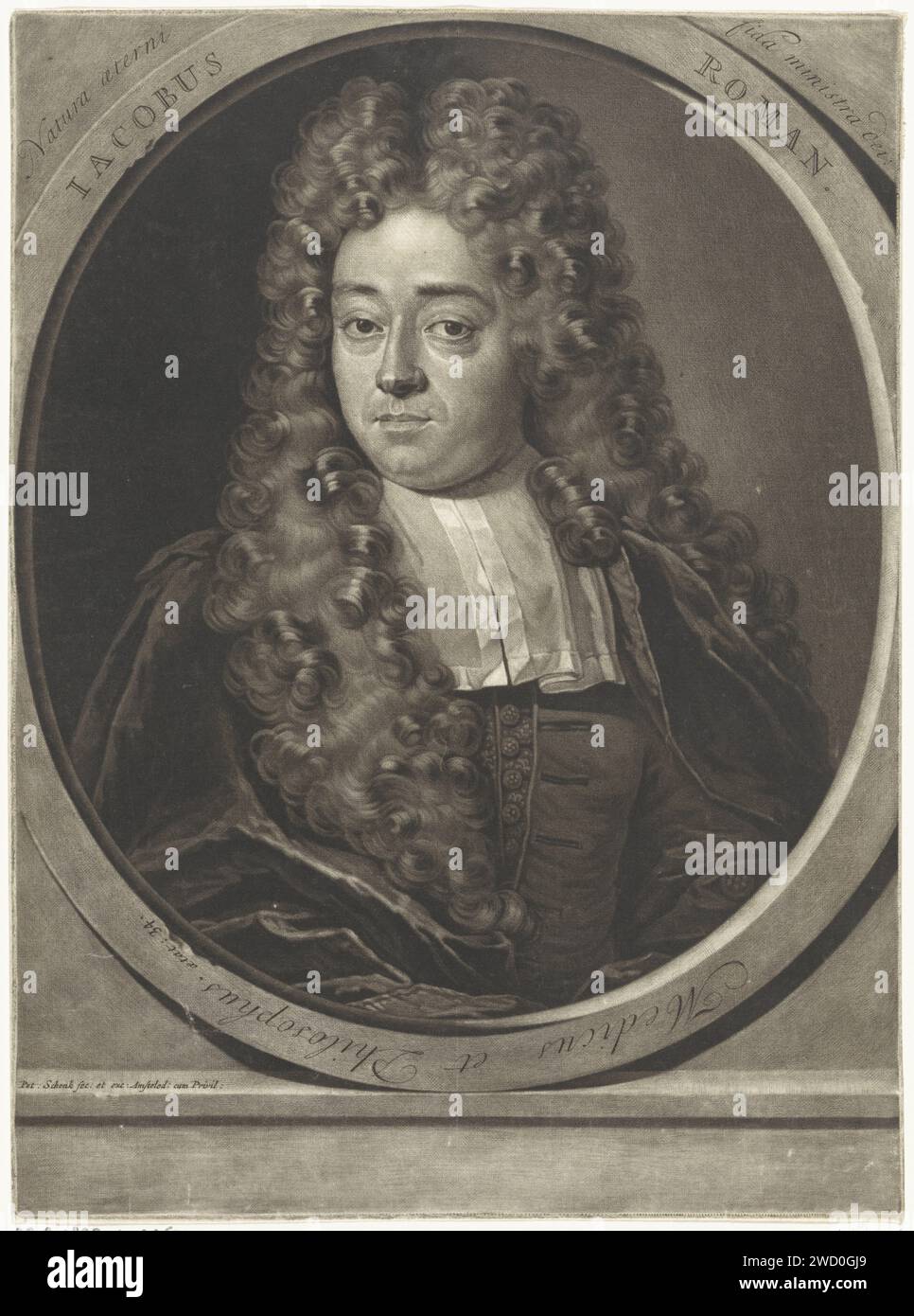 Ritratto di Jacob Roman, Pieter Schenk (i), 1670 - 1713 stampa il medico Jacob Roman. Indossa una parrucca lunga. Parrucca per incisione in carta Amsterdam Foto Stock