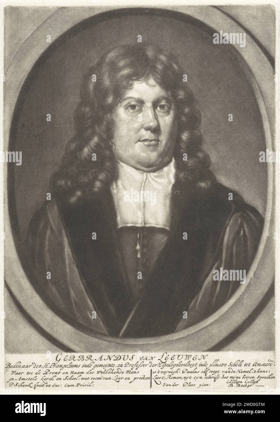 Ritratto di Gerbrand van Leeuwen, Pieter Schenk (i), dopo David van der Plas, 1686 - 1713 stampa il pastore e professore Gerbrand van Leeuwen. Incisione su carta di Amsterdam Foto Stock