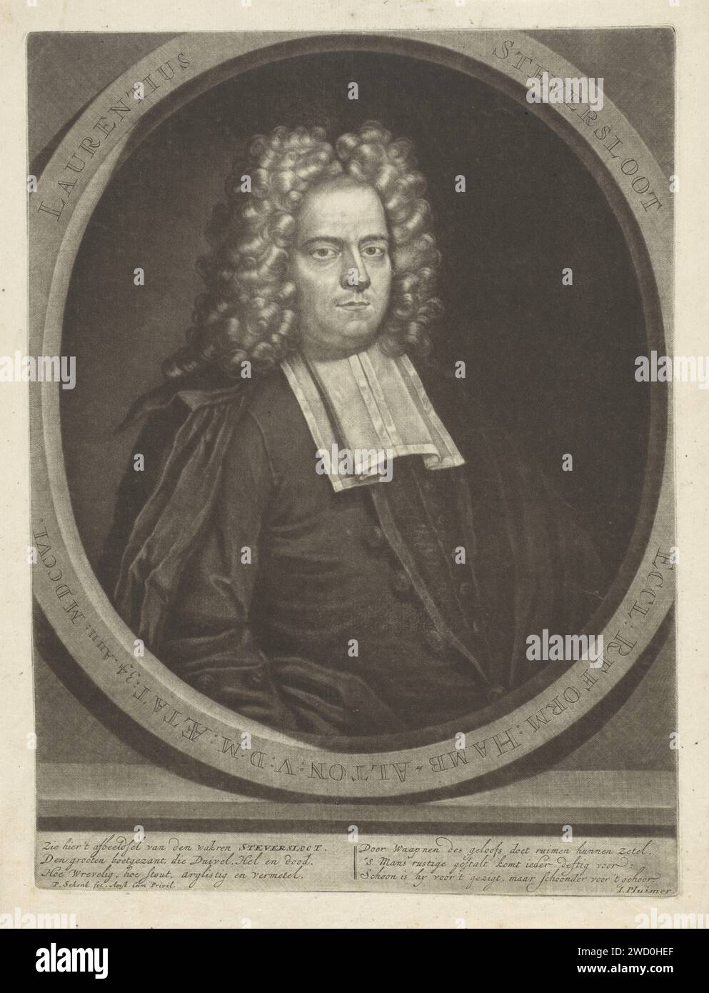 Ritratto del poeta e pastore Laurens Steversloot, Pieter Schenk (i), 1706 stampa Amsterdam carta incisione parrucca Foto Stock