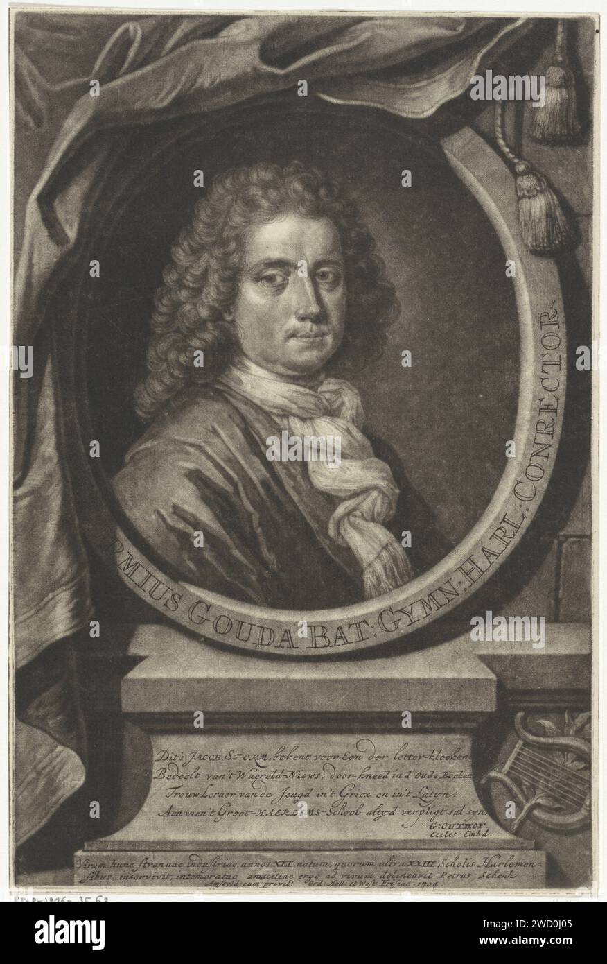 Ritratto di Jacob Storm, Pieter Schenk (i), 1704 stampa Jacob Storm, insegnante al Gymnasium di Haarlem. Incisione carta Amsterdam Lyre, arpa, arpa. parrucca Foto Stock