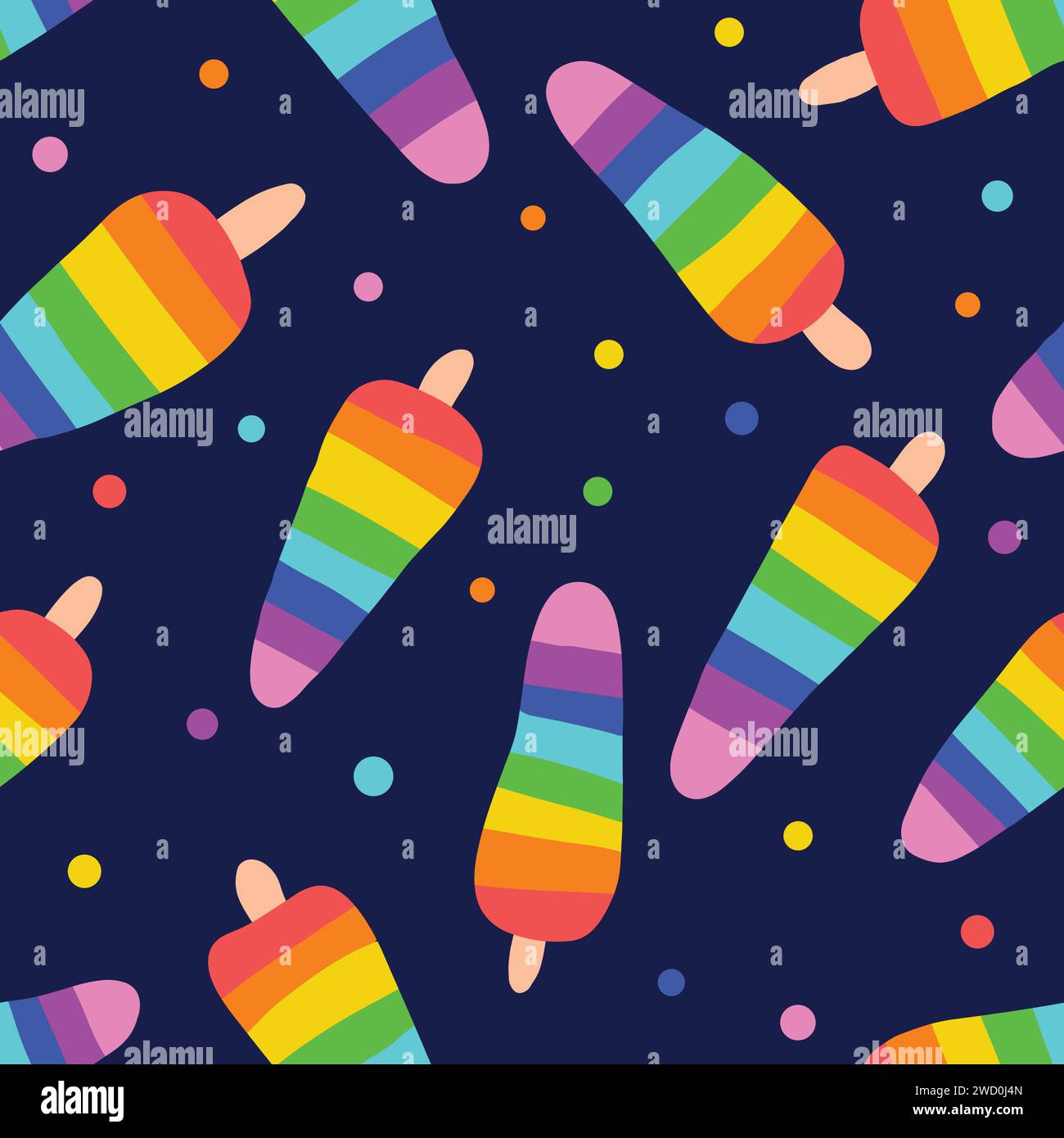 Motivo vettoriale senza cuciture Rainbow Popsicle su sfondo blu navy. Motivo gelato per tessuti bambini. Illustrazione vettoriale Illustrazione Vettoriale