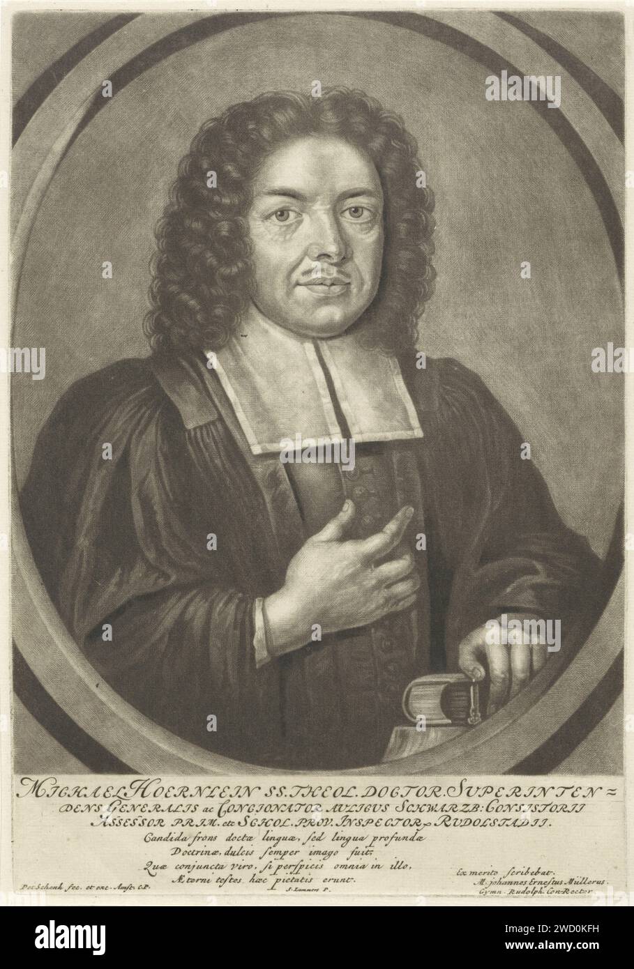 Ritratto del pastore Michael HOERNEIN, Pieter Schenk (i), dopo Seyfried Lammers, 1670 - 1713 stampa Amsterdam paper Engraving book Foto Stock