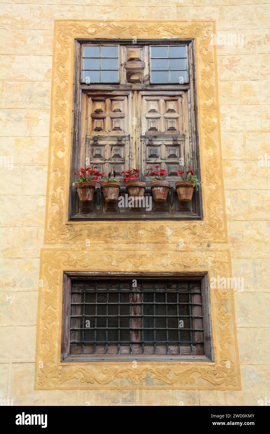 Finestre a serranda in legno e incisioni di sgraffito alla Casa Lercero, una casa coloniale del XVII secolo a la Oratova, Tenerife, Isole Canarie, Spagna. Foto Stock