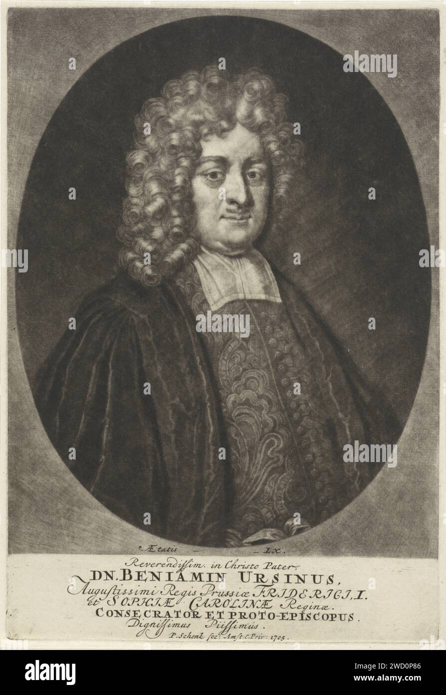 Ritratto del teologo Benjamin Ursinus, Pieter Schenk (i), 1705 stampa Amsterdam paper Engraving Theologian. parrucca Foto Stock