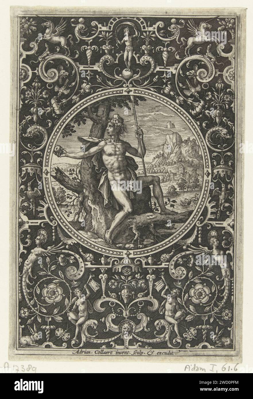 Medaglione in cui Parigi, seduto contro un albero, Adriaen Collaert, 1570 - 1618 stampa Paris tiene il bastone del pastore in una mano e la mela nell'altra. Medaglione in cornice di Grotesken in cui sia a sinistra che in alto a destra un unicorno. Sfondo ombreggiato. Parte di una serie di 6 riviste con medaglioni in una cornice di grotesken con fiori, ghirlande, animali e mascaron. Olanda (forse) incisione su carta (storia di) Parigi (Alexander) Foto Stock