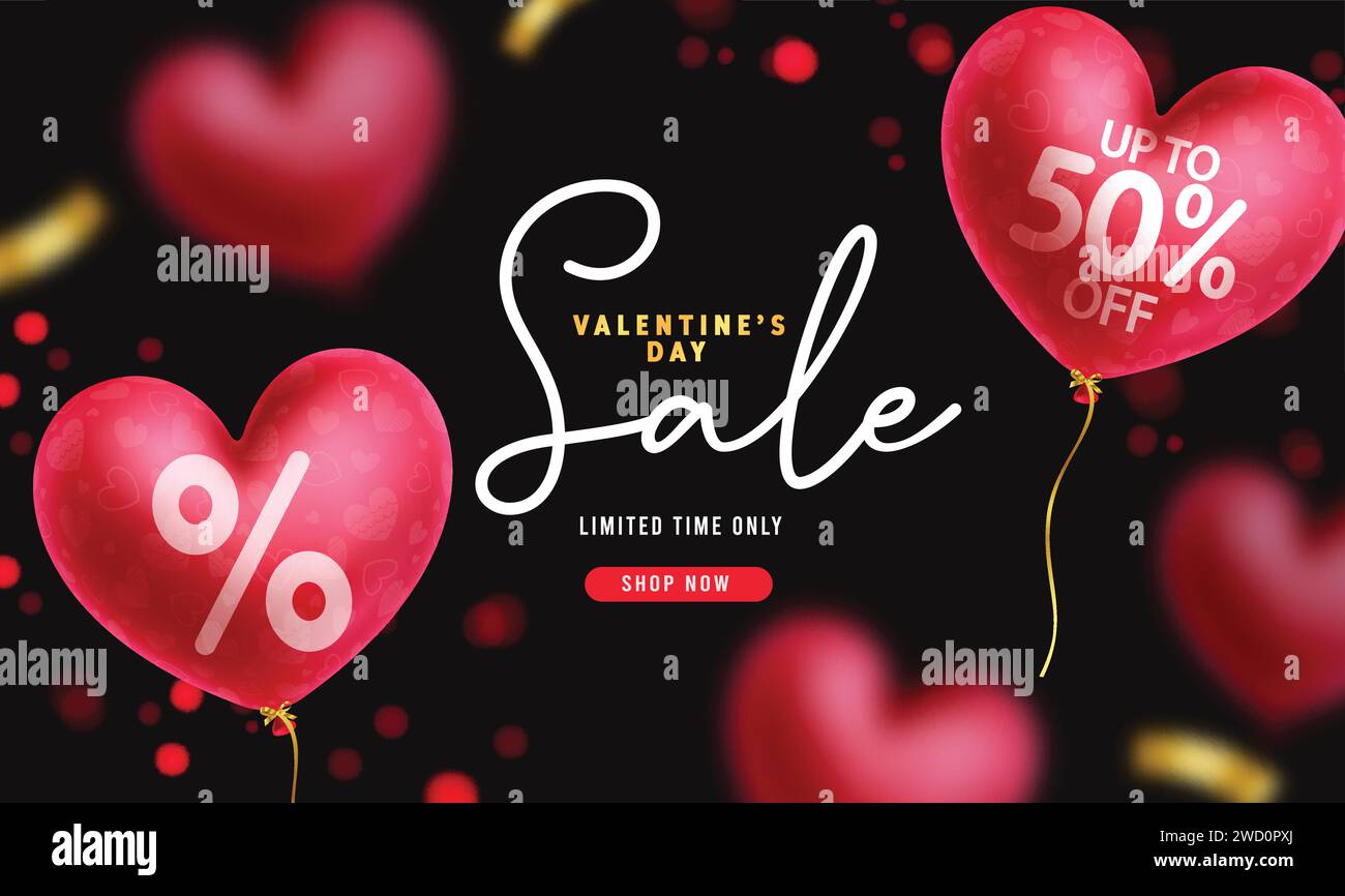 Offerta di San Valentino: Banner di testo vettoriale. Offerta speciale Happy valentine con sconto promozionale con palloncini a cuore galleggianti per lo shopping. Illustrazione Vettoriale