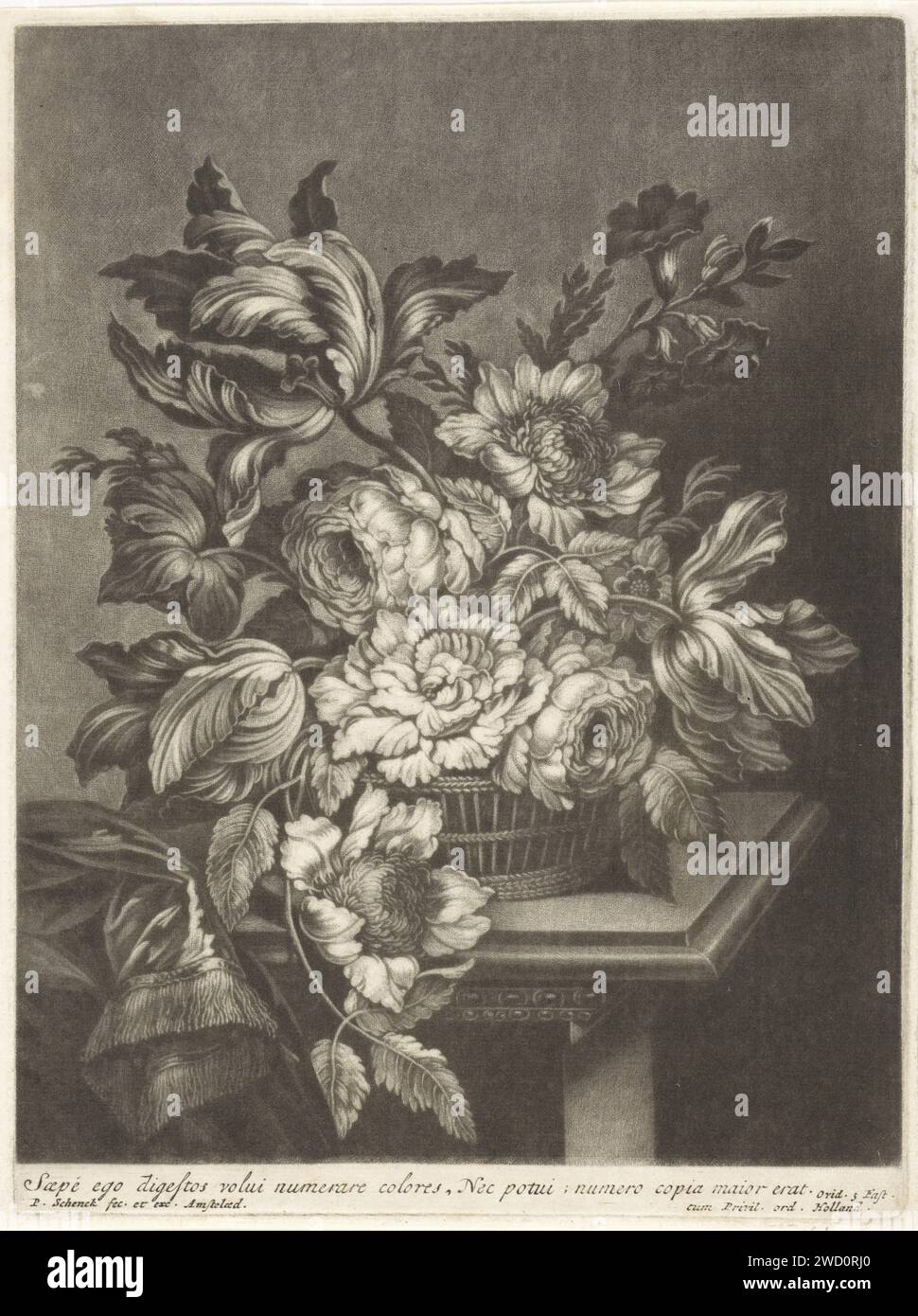 Cesto con fiori, Pieter Schenk (i), 1670 - 1713 stampa Amsterdam carta incisione fiori recisi; nosegay, mazzo di fiori. contenitore di materiale vegetale diverso dal legno: cestello Foto Stock