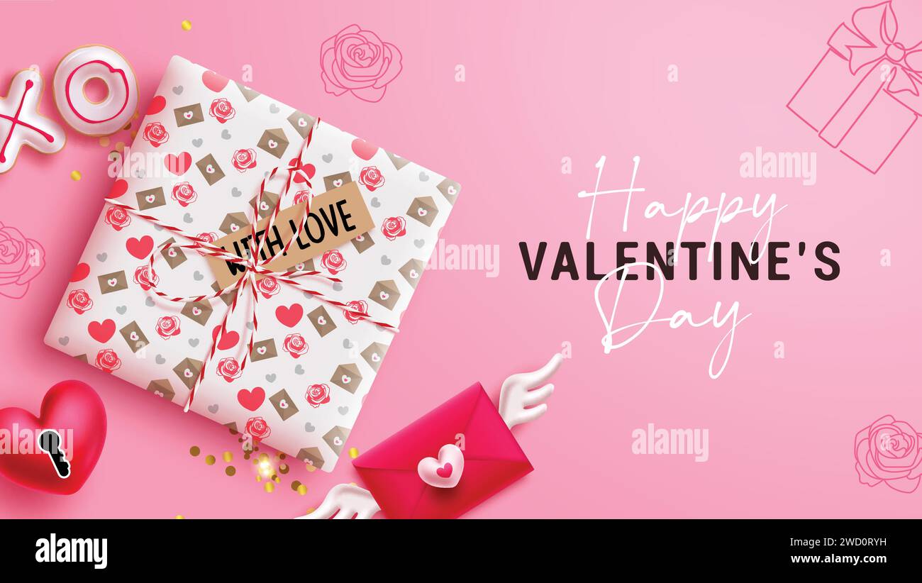 Design vettoriale regalo di San Valentino. Buon san valentino con confezione regalo a sorpresa per lo sfondo romantico della giornata del cuore. Vettore Illustrazione Vettoriale