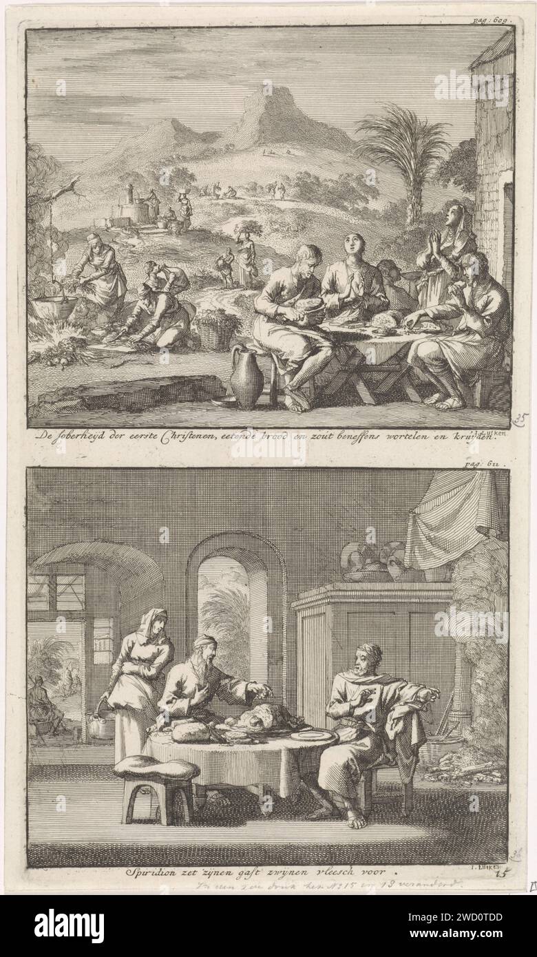 Pasto sobrio dei primi cristiani e del Santo Spiridon di Cipro che offre un ospite di maiale salato, Jan Luyken, 1700 stampa due spettacoli su un piatto. Al piano superiore: In primo piano ci sono alcuni primi cristiani intorno a un tavolo. Ringraziano Dio per il pasto semplice e mangiano pane. La zuppa viene cucinata sullo sfondo e l'acqua viene rimossa da una fonte. Di seguito: Cipro S. Spiridon è seduto al tavolo con un ospite. Offre al suo ospite carne di maiale salata, ma si rifiuta perché sta digiunando. Cena, cena, cena e cena con acquaforte di Amsterdam. brodo, zuppa. utilitarismo, pompa pubblica o fontana. pane, l Foto Stock